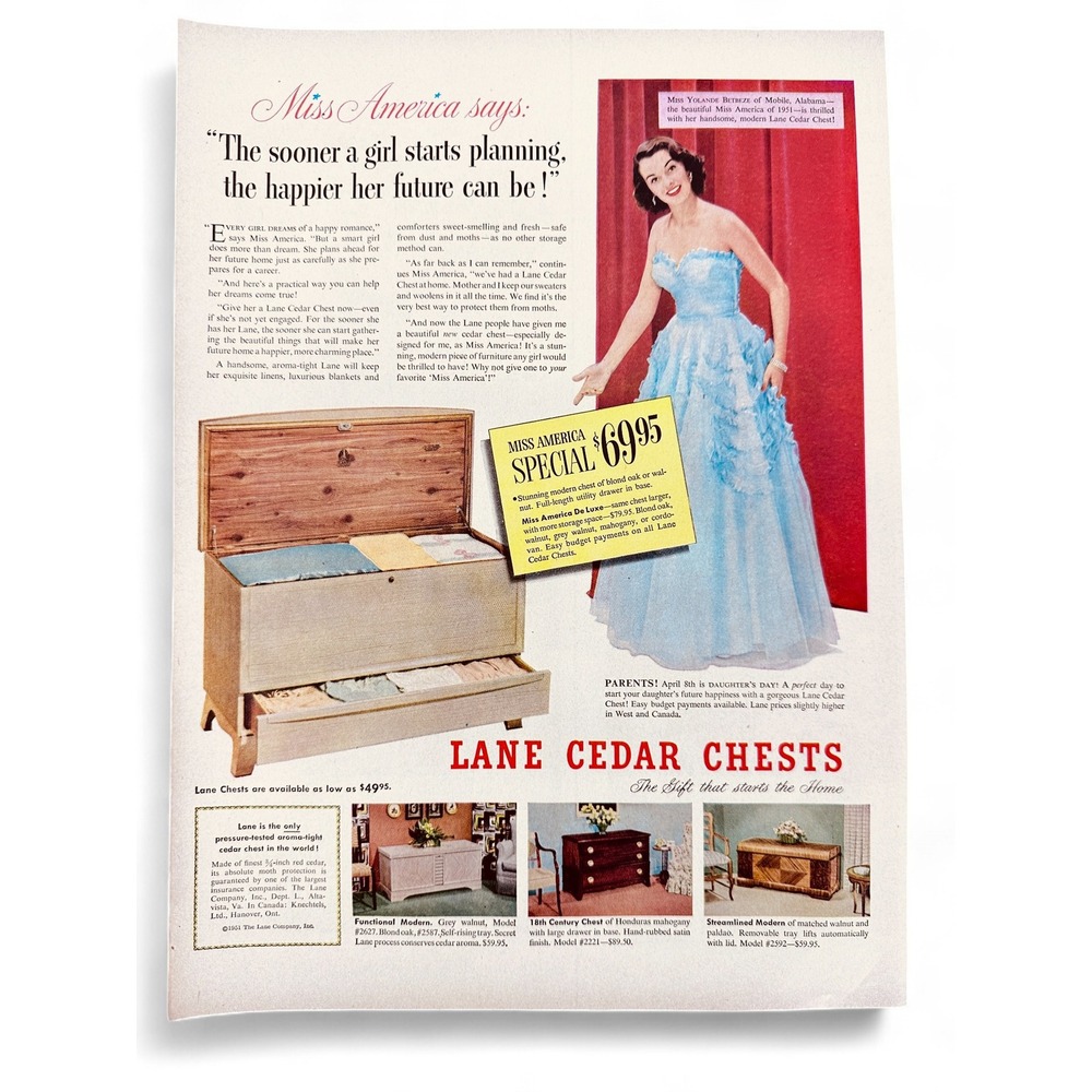 1951 Lane Cedar Chests Print Ad Miss America Blue‎ Gown Hope Chest MCM Ephemera